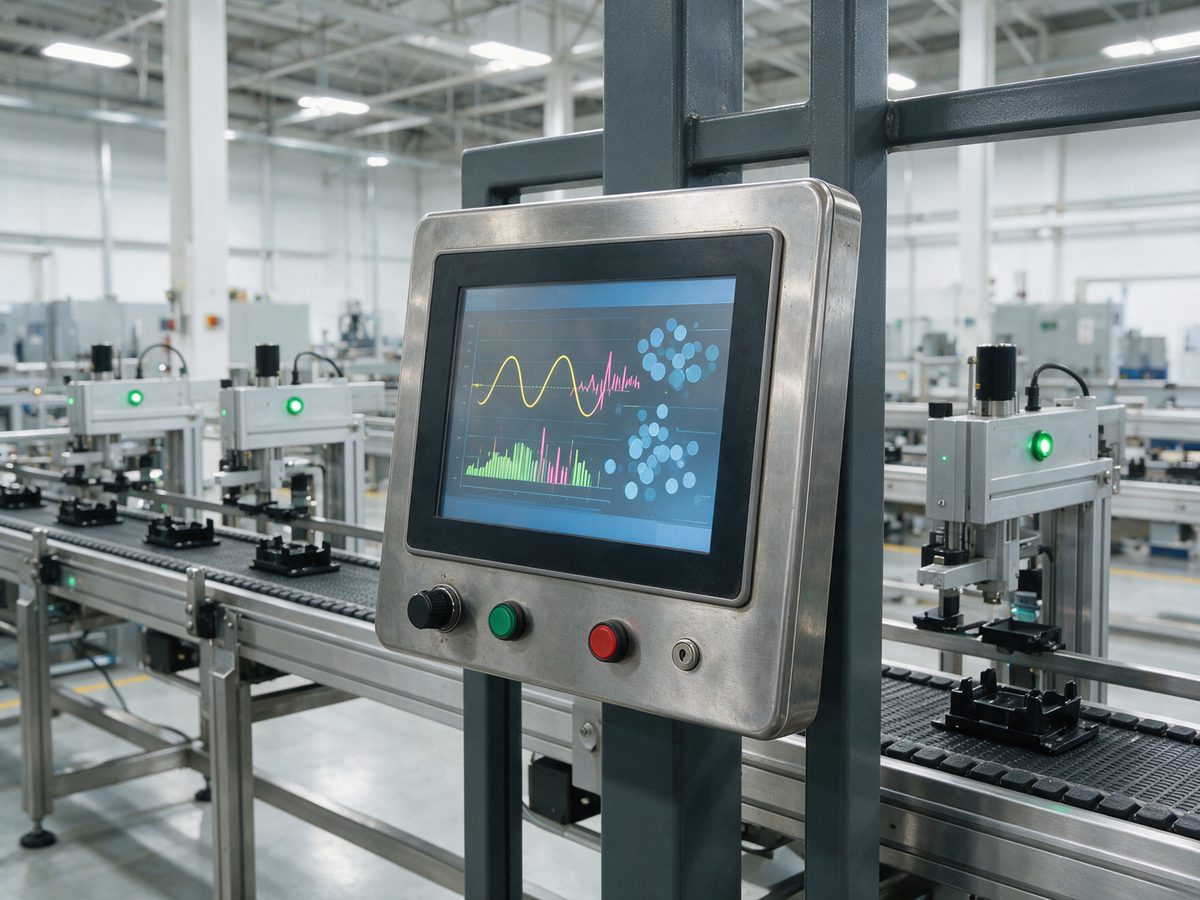 panou operator pe o linie de productie automatizata cu banda transportoare